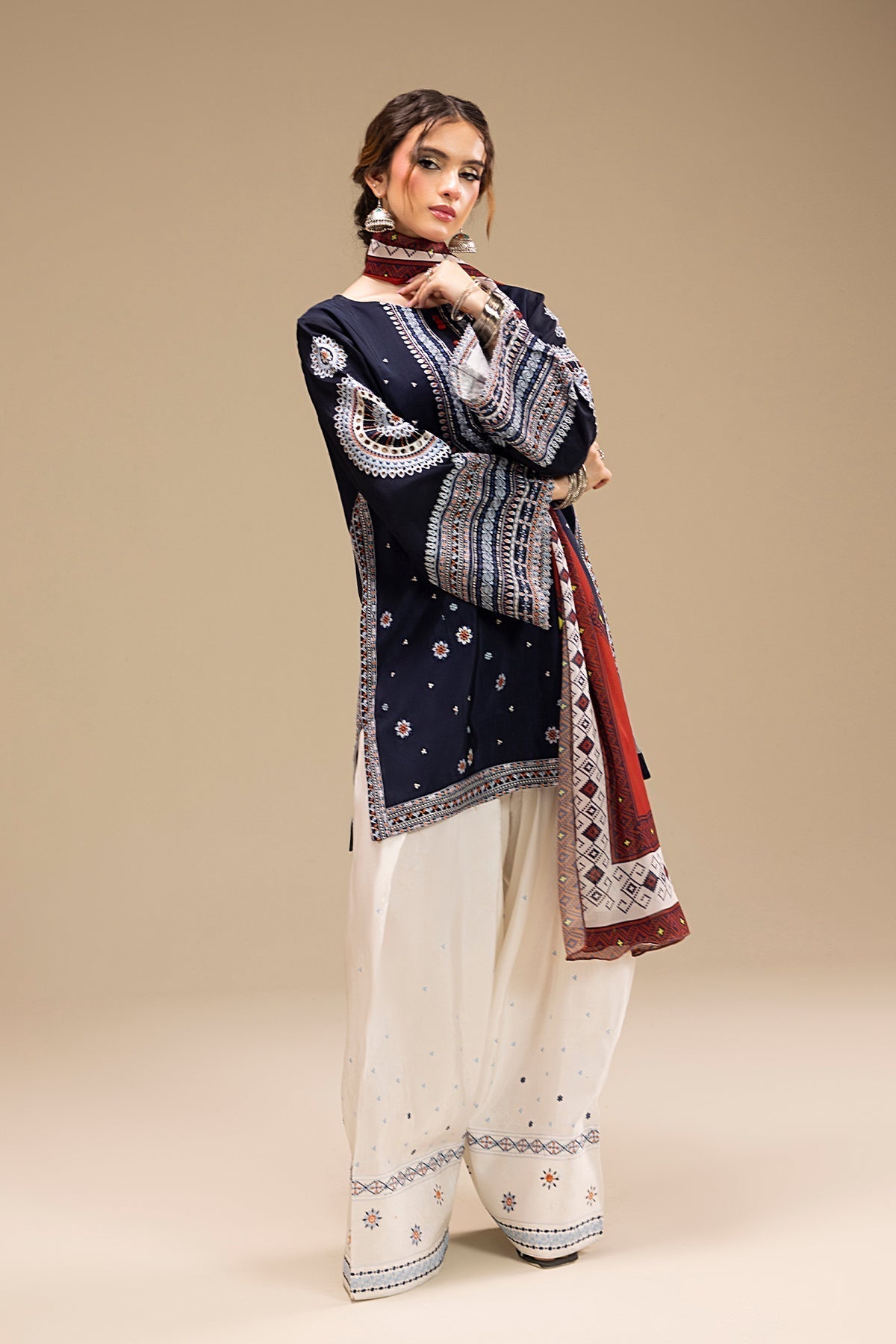 RR 610-3 Piece - 3 Piece Embroidered Dhanak Fabric with Printed Wool Shawl