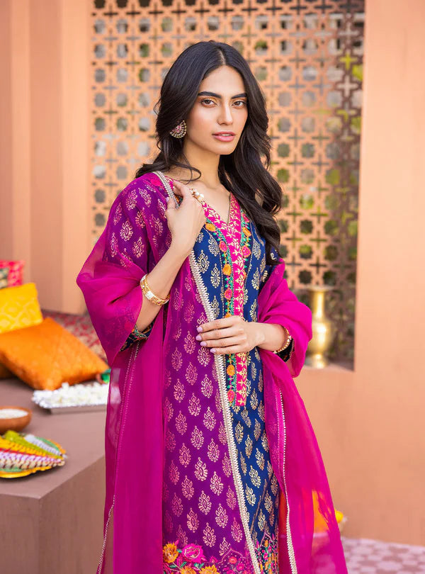 ZC 440-3 Pcs Digital Printed Lawn Shirt Trouser and Dupatta with Embroidered Patches