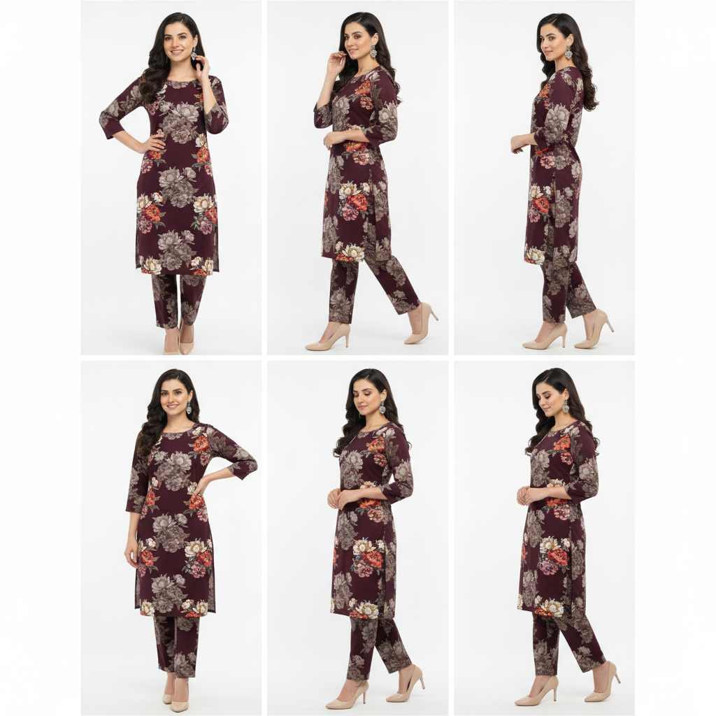 Woman modeling a floral dress set in multiple poses on a white background