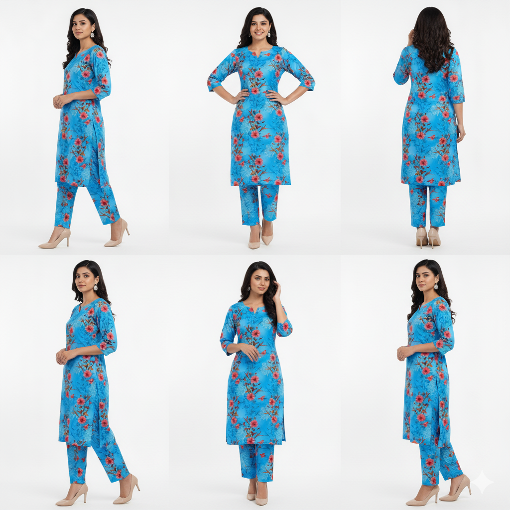 Woman modeling a blue floral outfit from multiple angles on a white background
