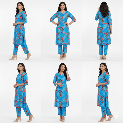 Woman modeling a blue floral outfit from multiple angles on a white background