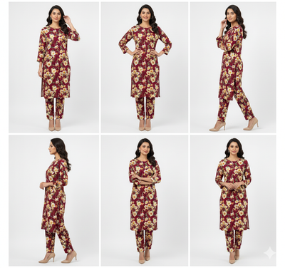 Woman modeling a floral outfit from multiple angles on a white background
