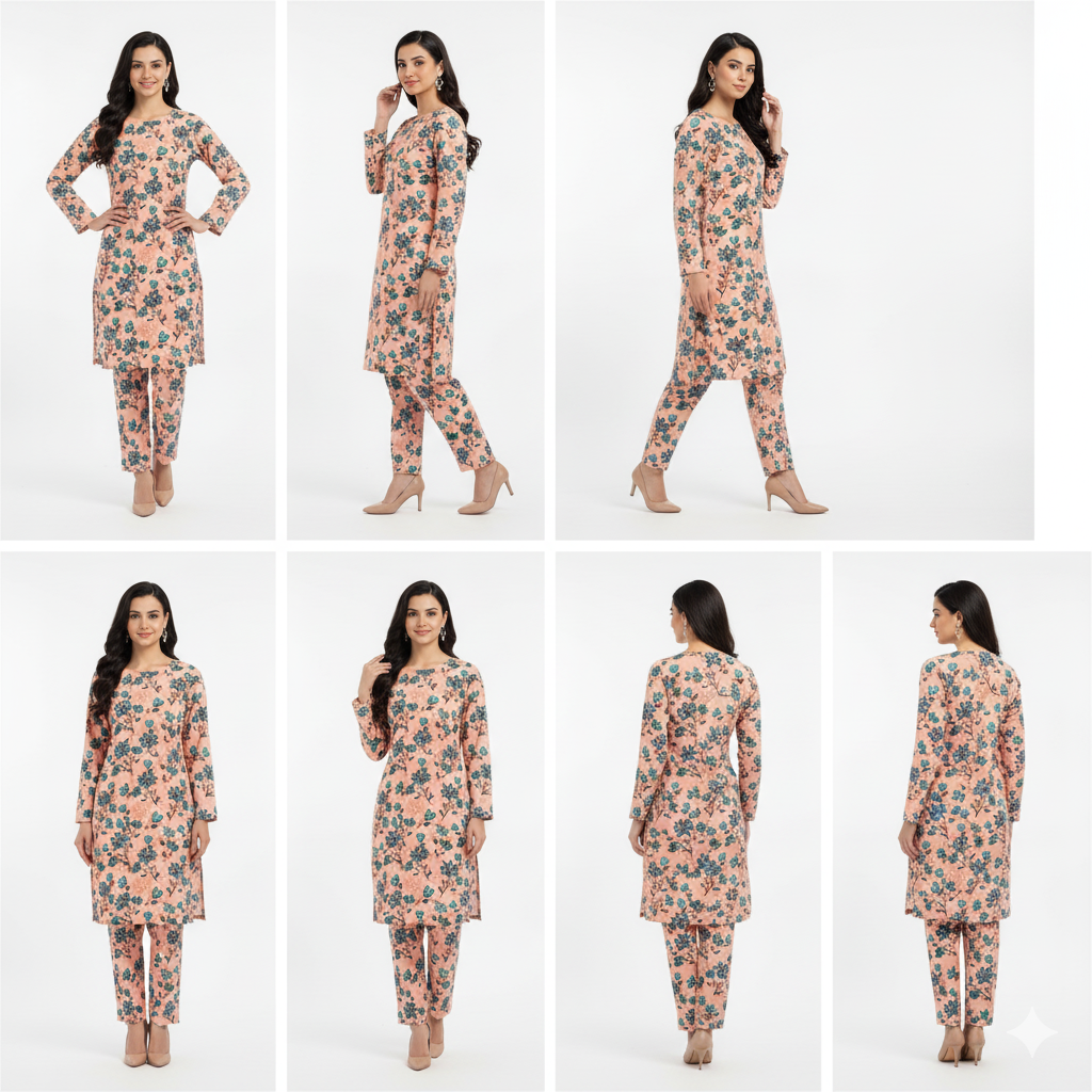 Woman modeling a floral dress and pants set from multiple angles on a white background