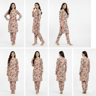Woman modeling a floral dress and pants set from multiple angles on a white background